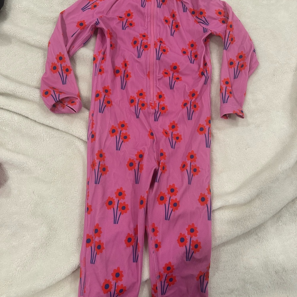 Hanna Andersson full length bathing suit Pink and Red with flower pattern.